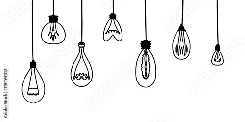 Doodle electric light bulb or lamp bulb on wire. Handdrawn idea symbol collection. Lamp set. Vector idea art illustration.
