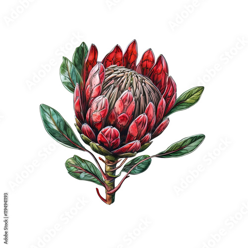 Vibrant Red Protea: A captivating close-up of a vibrant red Protea flower, showcasing its intricate details, unique shape and textured petals. The flower stands out against a crisp background.
