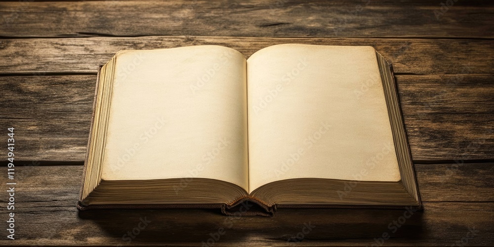 Open blank book on rustic wooden surface featuring yellowed pages and warm brown tones creating a vintage and inviting atmosphere for design templates. Open blank book on rustic wooden surface featuring yellowed pages and warm brown tones creating a vintage and inviting atmosphere for design templates.