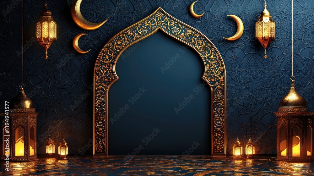 Majestic Ramadan Nights:  An opulent scene of golden lanterns, crescent moons, and intricate Islamic archway against a rich navy blue background, perfect for festive celebrations.