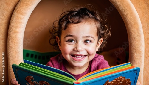 Cute child holds paper book in hands. Happy little boy reading fairy tale, story. Funny kid learning literature. Preschool education