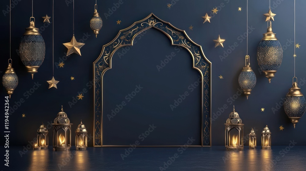 Fototapeta premium Ramadan Festive Celebration: Elegant Golden and Blue Lanterns with Stars