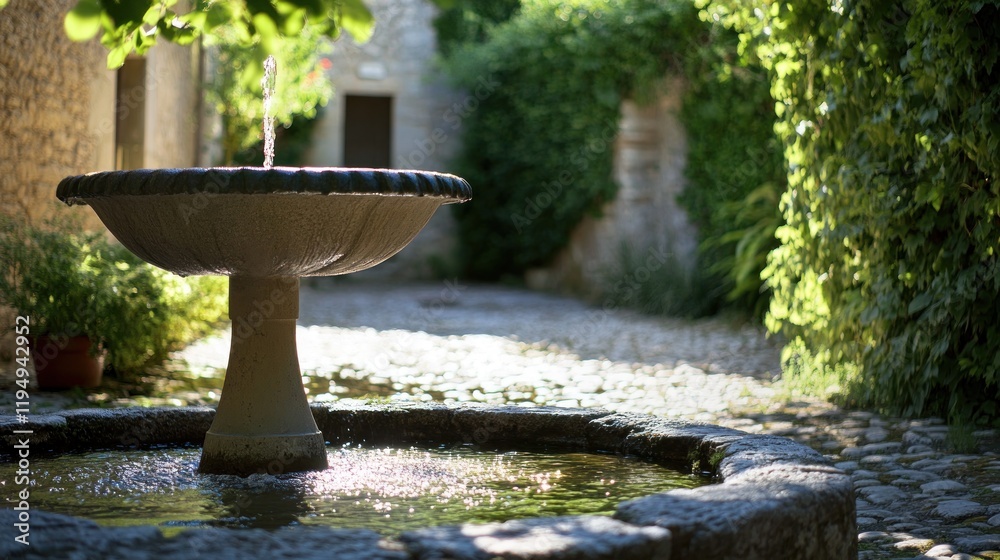 A serene courtyard featuring a stone fountain surrounded by lush greenery and cobblestone path. A serene courtyard featuring a stone fountain surrounded by lush greenery and cobblestone path.