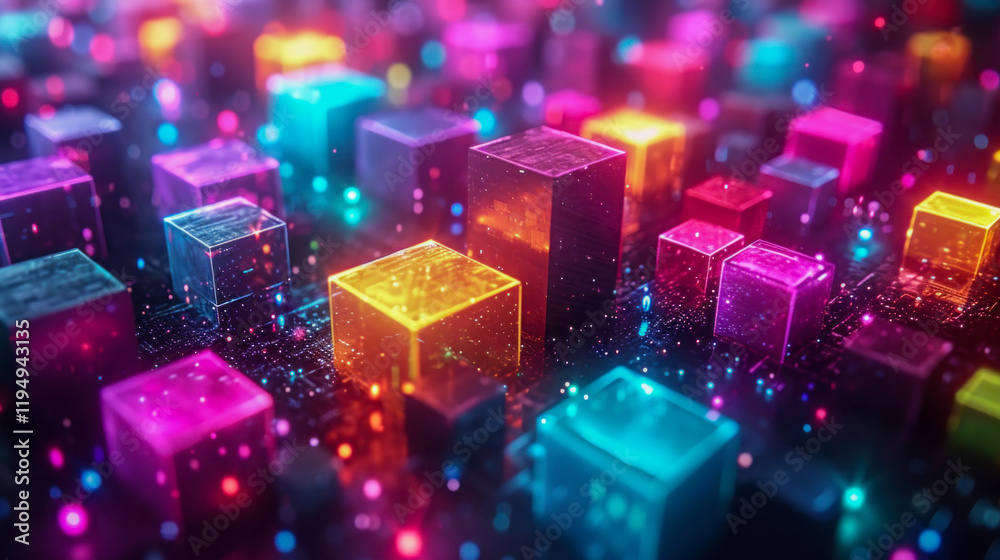 Fototapeta premium Glowing Neon Cubes in a Futuristic Digital Landscape