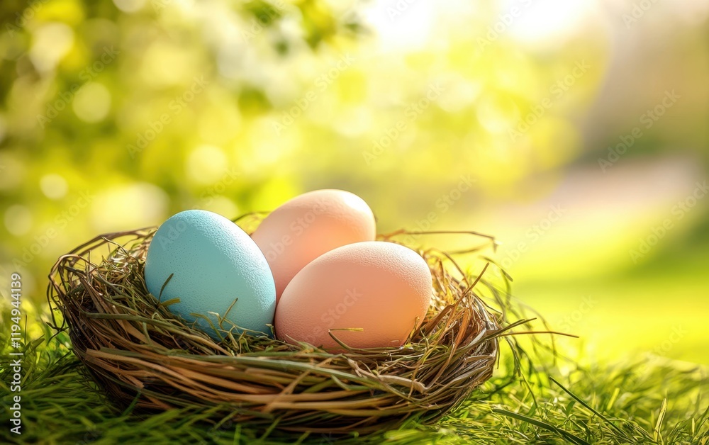Three colorful eggs rest gently in a cozy nest, nestled among soft green grass, symbolizing new life and the joy of Easter celebrations. Three colorful eggs rest gently in a cozy nest, nestled among soft green grass, symbolizing new life and the joy of Easter celebrations.