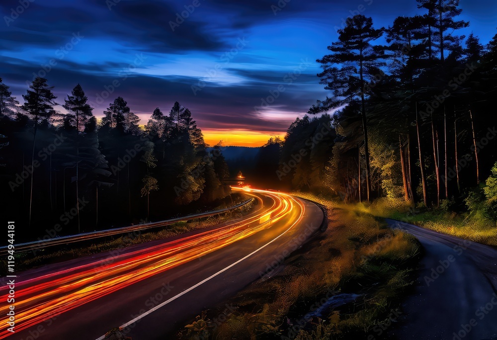 There is a winding road that passes through a dense forest at night There is a winding road that passes through a dense forest at night