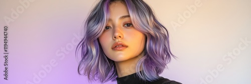 A young woman stands confidently in a softly lit indoor environment, her violet and silver streaked hair catching the warm light of the late afternoon