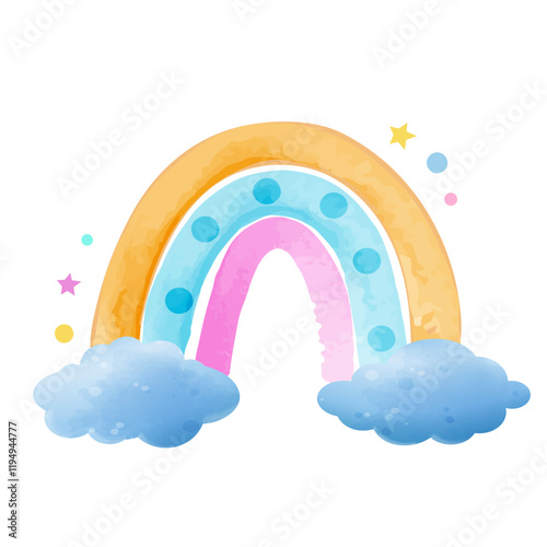 Rainbow surrounded by fluffy clouds. Vector illustration in watercolor children's style.