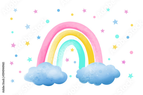 Rainbow surrounded by fluffy clouds. Vector illustration in watercolor children's style.