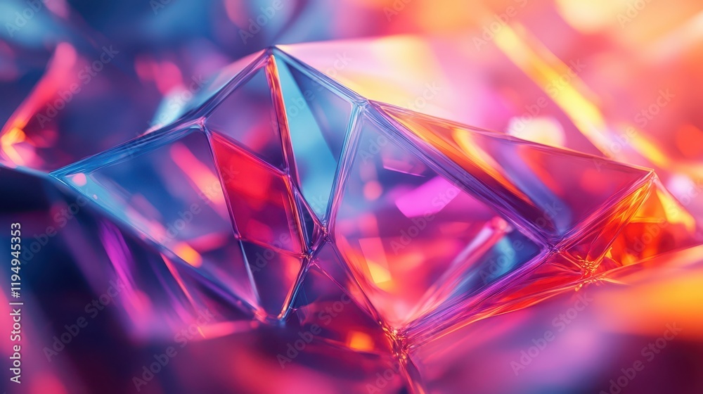 Intricate geometric shapes create a vibrant abstract display with translucent glass surfaces reflecting colorful light patterns in a contemporary art setting Intricate geometric shapes create a vibrant abstract display with translucent glass surfaces reflecting colorful light patterns in a contemporary art setting