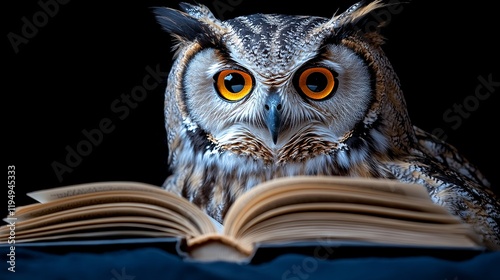 Wise Owl Reading Antique Book, Dark Background bird eyes night wisdom 