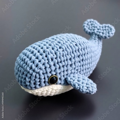 Close up of a handmade crocheted blue whale toy on a dark gray surface