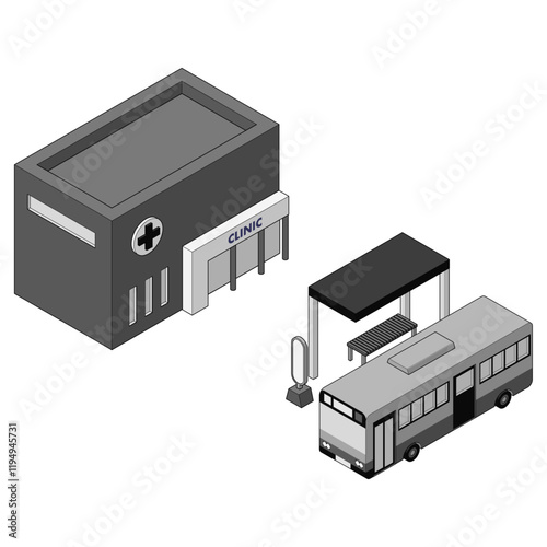 バス停とクリニックが描かれたモノクロのアイソメトリックイラスト。線画スタイル、右面法。