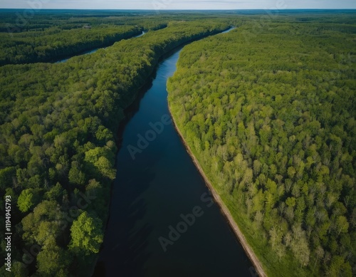 Aerial view of a river beautifully surrounded by trees