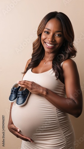 Happy pregnant woman holding tiny baby shoes in front of her belly, smiling warmly against a beige background. Perfect for family, maternity, and parenting content