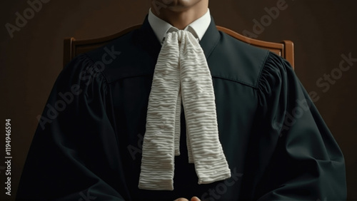 Courtroom setting featuring a judge in formal attire presiding over a legal proceeding photo