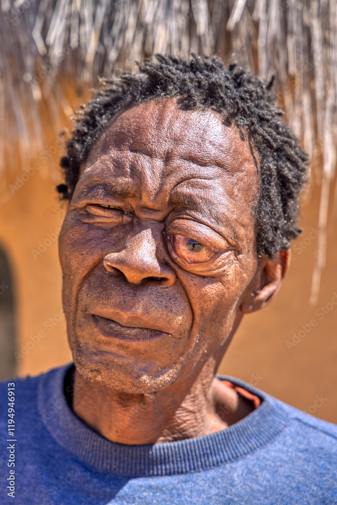 portrait headshot of single african man with eye deformity. in the village with dreadlocks in front of his home with thatched roof portrait headshot of single african man with eye deformity. in the village with dreadlocks in front of his home with thatched roof
