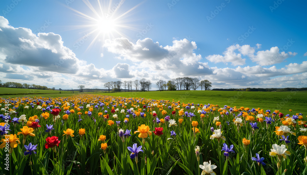 Obraz premium Iris field under the bright sun with blue sky and fluffy clouds