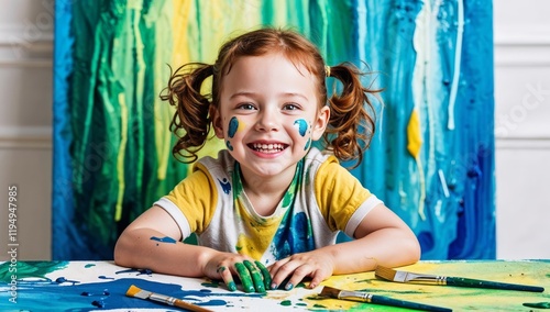 Happy little girl covered in paint surrounded by brushes and a vibrant abstract painting in background. Happiness or creative, playing or art fun and cheerful or excited young child with painting