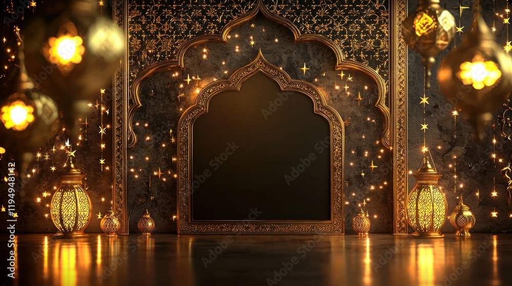 Obraz premium Golden Ramadan Festive Background: Ornate Archway with Lanterns and Lights