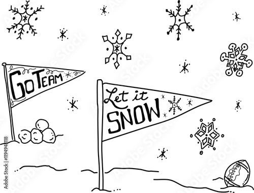 Hand-drawn snow pennant vector doodles. "Let it Snow" pennant and unique snowflakes on a white background. Nostalgic winter scene of playing in the snow. 