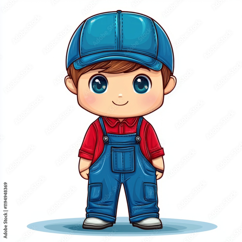 Adorable Cartoon Boy Wearing Blue Overalls and Cap Adorable Cartoon Boy Wearing Blue Overalls and Cap