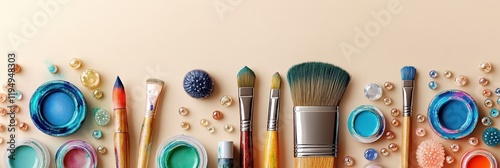 Creative banner showcasing an array of isolated art supplies arranged neatly on a soft beige background, perfect for inspiring artists or crafters of all levels