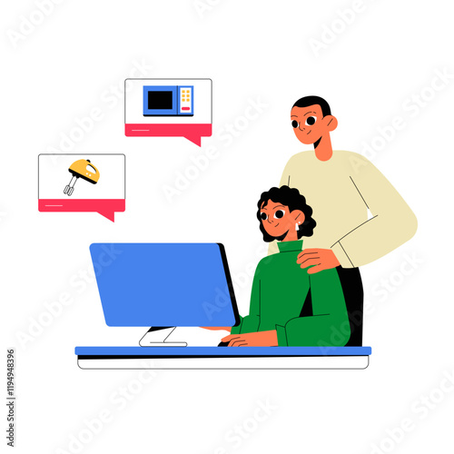 Two People Discussing Home Appliances In Flat Vector Illustration Symbolizing Online Shopping, Guidance, And Decision Making, Isolated On White Background