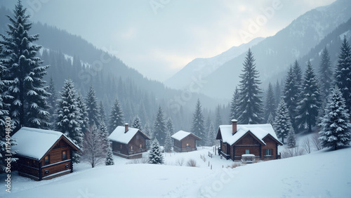 Snow-covered mountain village surrounded by tall evergreen trees in winter