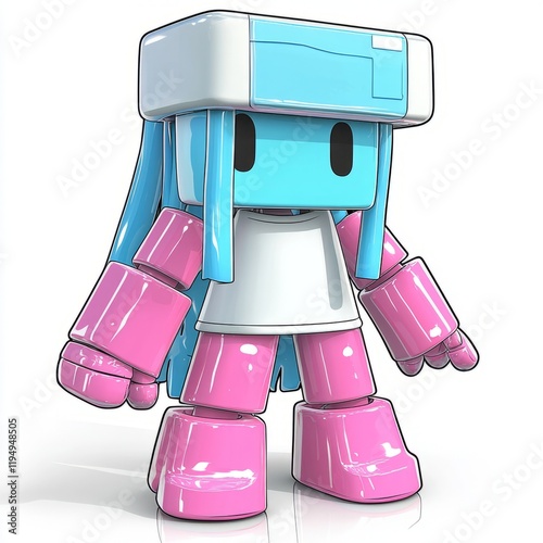 A cute pink and blue robot girl stands smiling