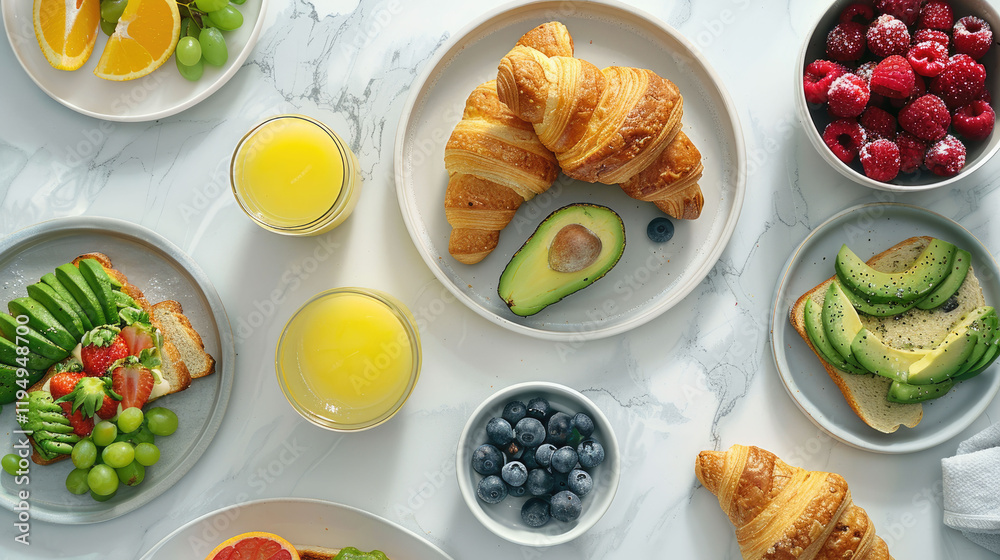 Top-down view of a delicious breakfast spread: avocado toast, fresh orange juice, croissants, and a bowl of berries Top-down view of a delicious breakfast spread: avocado toast, fresh orange juice, croissants, and a bowl of berries