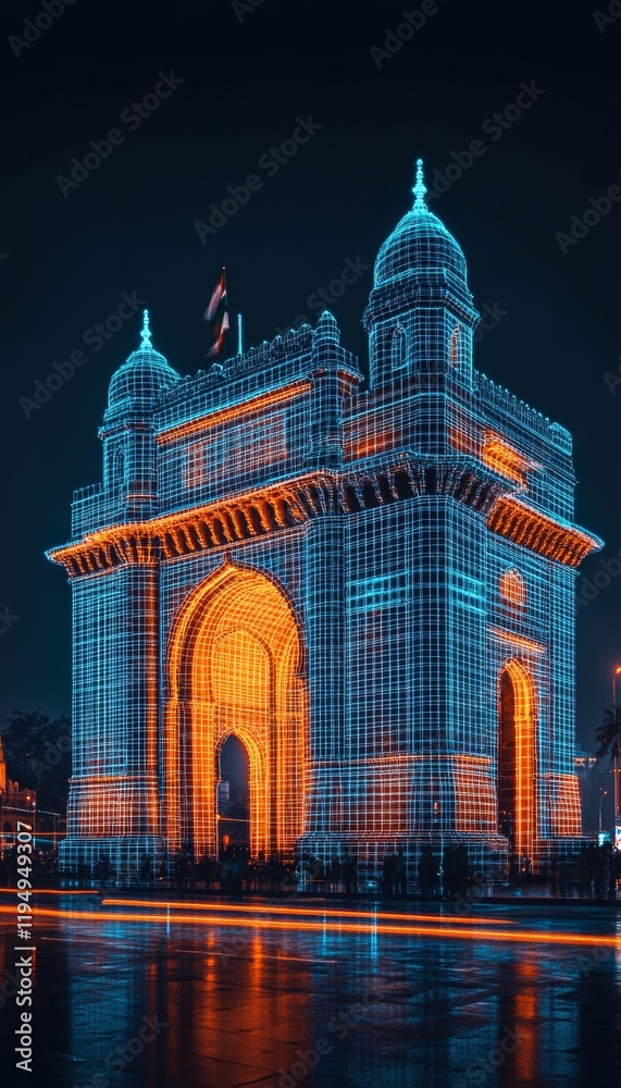 Fototapeta premium Gateway of India Illuminated with Blue Outline in Digital Network Style, Mumbai, India