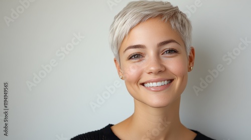 Frosted platinum pixie cut shines brightly under natural light, enhancing a cheerful expression in an indoor setting with a neutral background