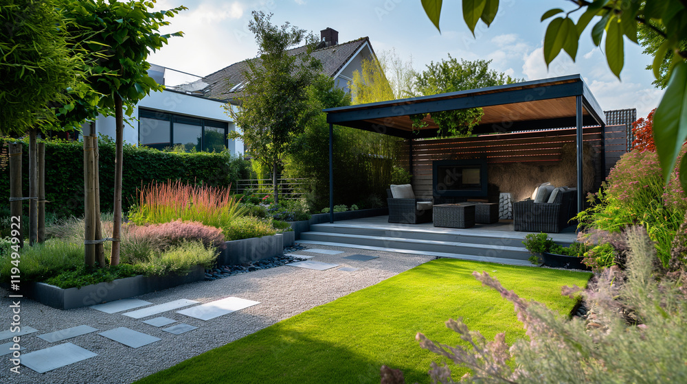 Fototapeta premium modern backyard with cozy pergola and vibrant landscaping for outdoor living and garden inspiration. Copy space