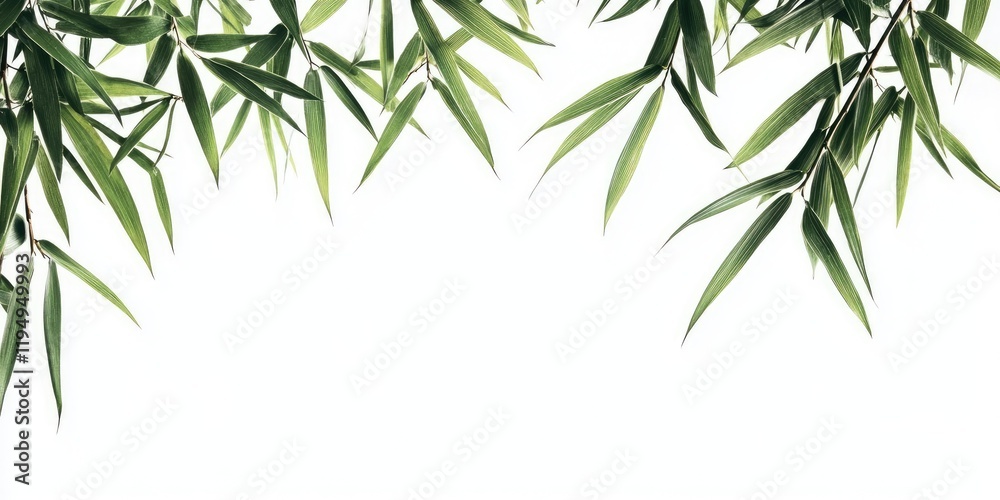 Green bamboo leaves cascading from the top against a clean white background creating a serene and minimalistic natural ambiance. Green bamboo leaves cascading from the top against a clean white background creating a serene and minimalistic natural ambiance.
