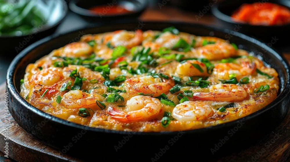 Delight in the mouthwatering sight of pajeon, a traditional Korean pancake, bursting with fresh shrimp and vibrant green onions, sizzling freshly cooked and served with dipping sauces Delight in the mouthwatering sight of pajeon, a traditional Korean pancake, bursting with fresh shrimp and vibrant green onions, sizzling freshly cooked and served with dipping sauces