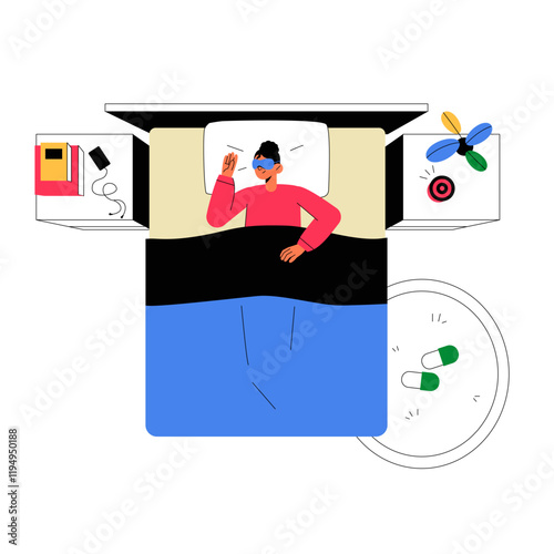 Smart Speaker For Sleep With Woman Resting In Bed In Flat Vector Illustration Symbolizing Rest, Relaxation, And Sleep Technology, Isolated On White Background.