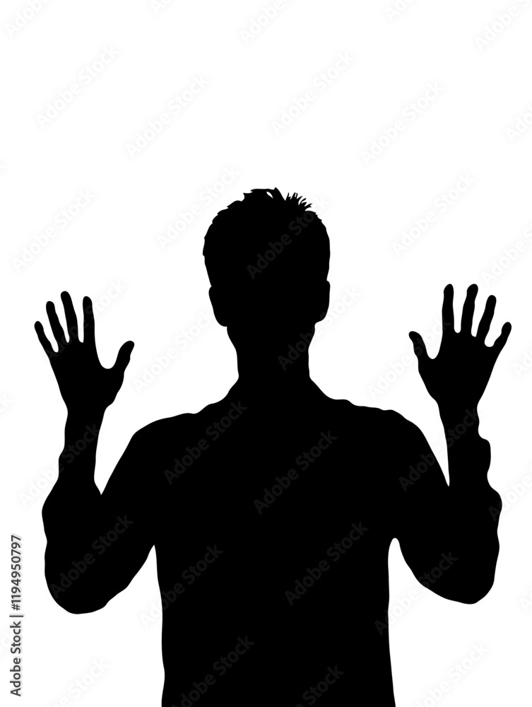 Silhouette of a man with raised hands, expressive mood, white background, copy space Silhouette of a man with raised hands, expressive mood, white background, copy space