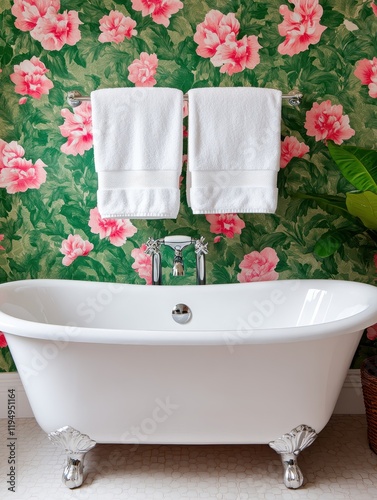Elegant Vintage Bathtub with Floral Wallpaper and Soft Towels