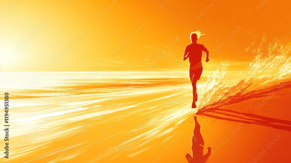 Silhouette of runner on beach at sunset. Silhouette of runner on beach at sunset.