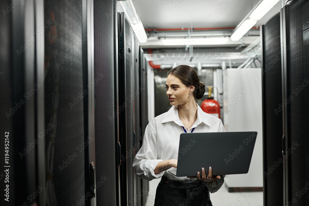 An IT specialist navigates through a modern server room, handling technology with expertise. An IT specialist navigates through a modern server room, handling technology with expertise.