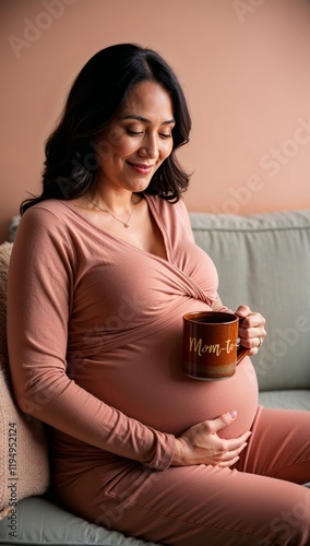 Smiling pregnant woman in a cozy outfit holding a mug labeled Mom to be gently cradling her belly, seated on a couch. Perfect for maternity and lifestyle
