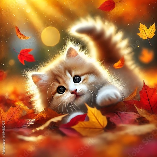 Joyful Kitten Playing in Autumn Leaves