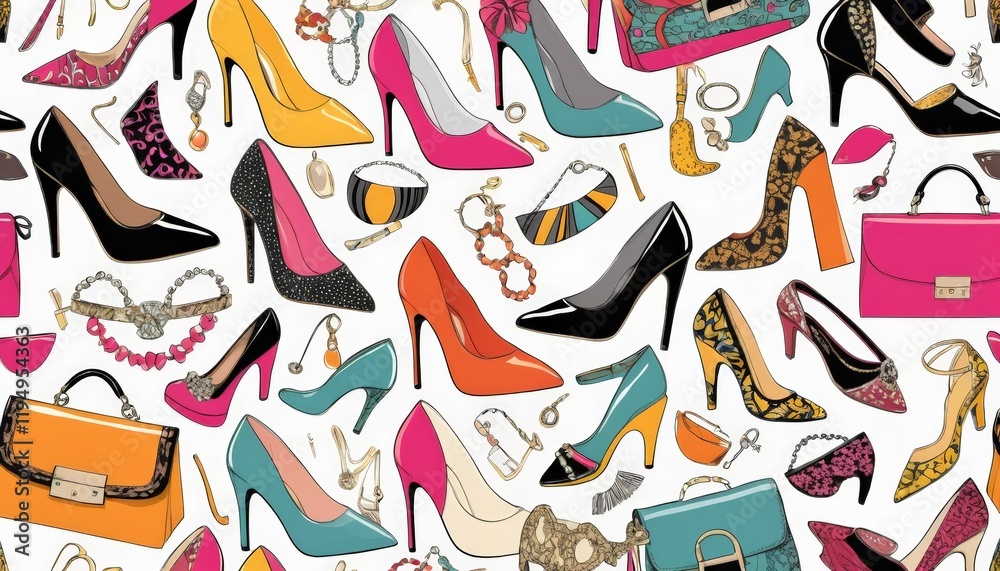 Obraz premium A vibrant collage of stylish high heels, bags, and accessories, showcasing a variety of colors and patterns, perfect for fashion lovers and designers