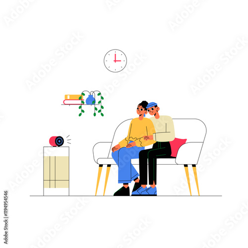 Couple Relaxing On Sofa With Smart Speaker In Flat Vector Illustration Symbolizing Home Comfort, Bonding, And Technology, Isolated On White Background.