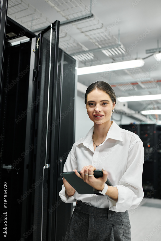 Fototapeta premium A woman in a white shirt works diligently in a sophisticated server room, overseeing systems.