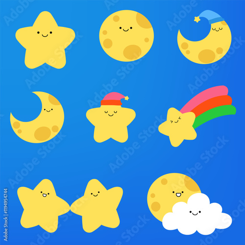 illustration of Weather forecast symbols emoticon character flat icon set.