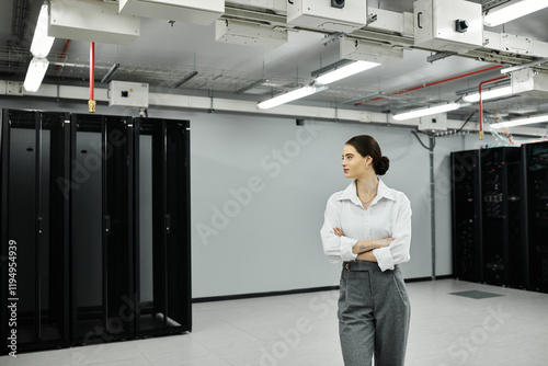 A qualified IT specialist in a white shirt efficiently oversees server operations. photo