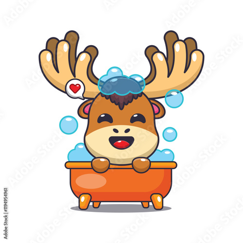 moose taking bubble bath in bathtub cartoon vector illustration.