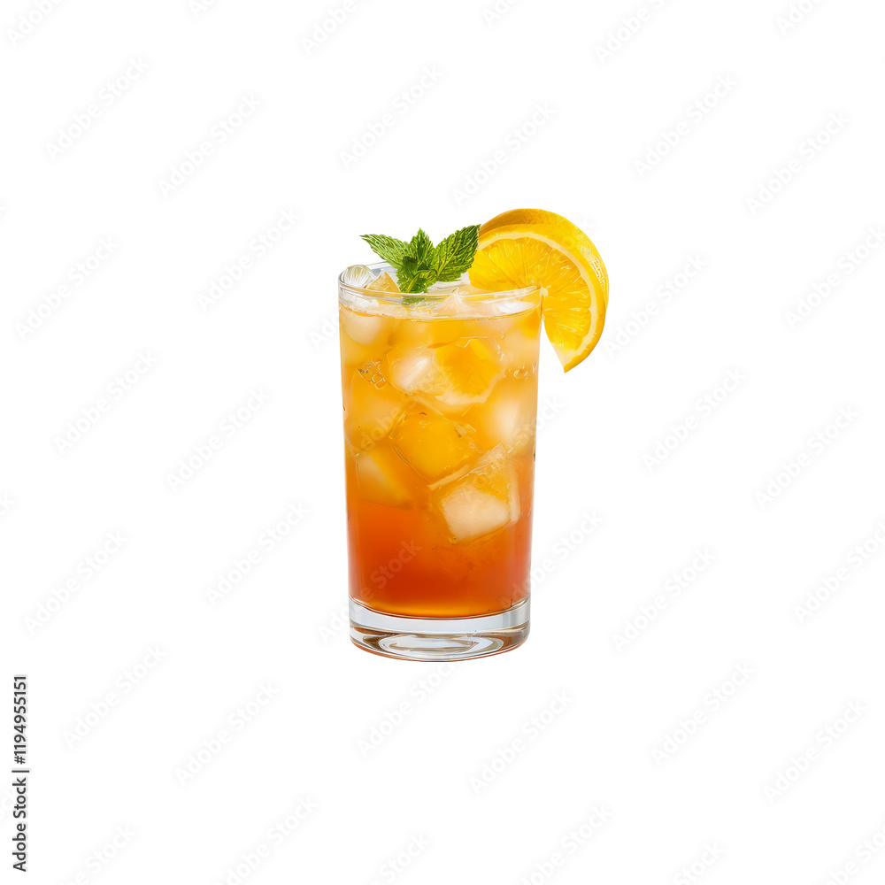 Refreshing Iced Tea with Orange and Mint: A tall glass filled with refreshing iced tea, garnished with a juicy orange slice and a sprig of fresh mint. Refreshing Iced Tea with Orange and Mint: A tall glass filled with refreshing iced tea, garnished with a juicy orange slice and a sprig of fresh mint.